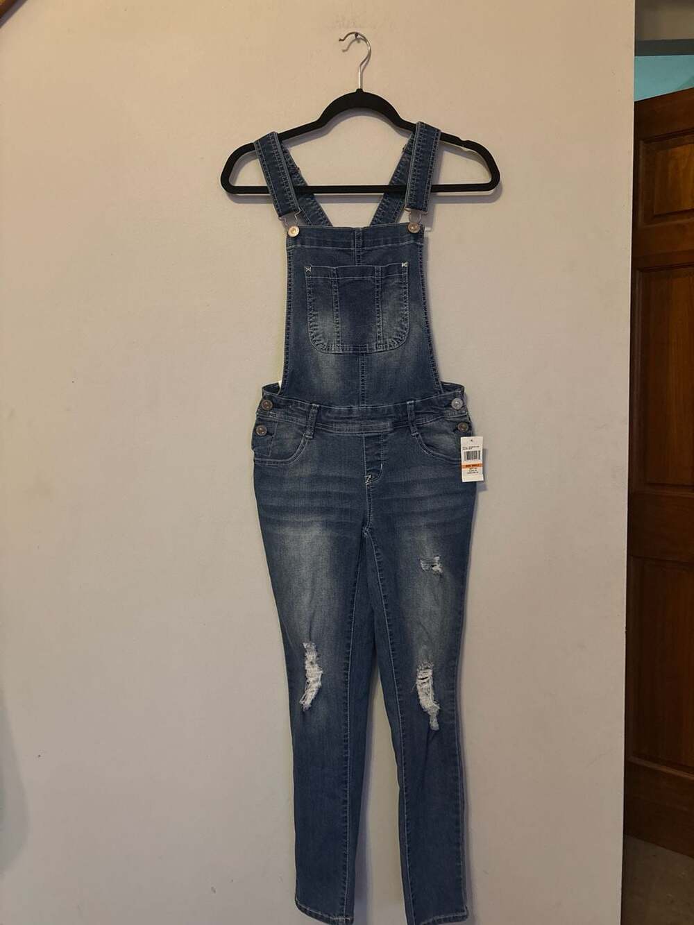 WallFlower Women's Junior Distressed Skinny Leg Denim Overalls in Milan Wash